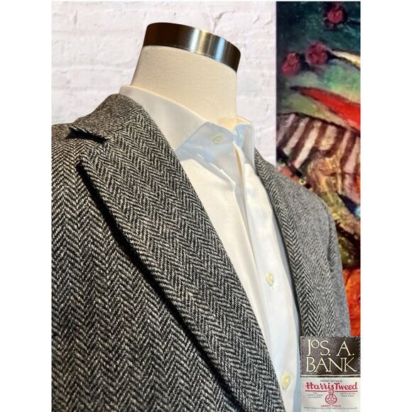 Harris Tweed Jos A Bank 40R Black Gray Herringbone Blazer Sport Coat Jacket - Picture 4 of 16